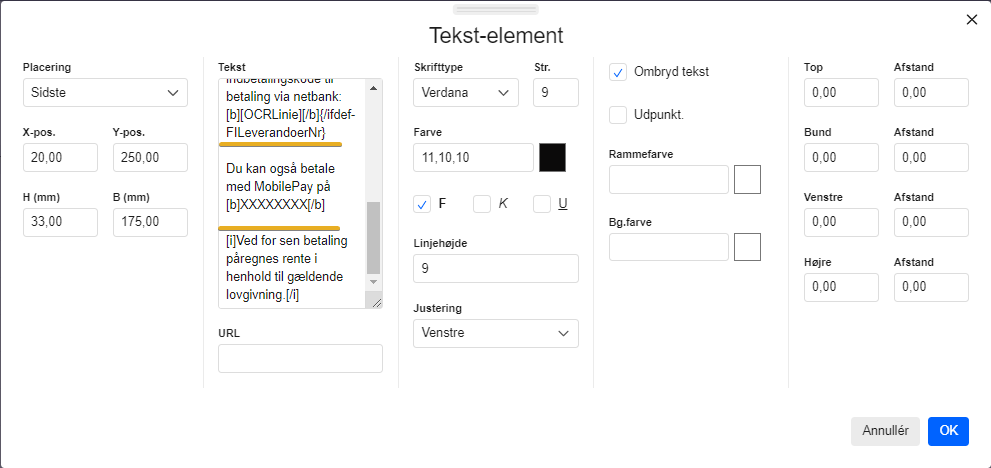 Viser redigering af et tekst-element i Design og layout – bruges til at indsætte sit MobilePay-nummer på en faktura