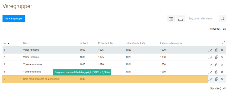 Viser opsætning af en varegruppe i varegruppekartoteket – bruges til at tilknytte en specifik konto til salg med omvendt betalingspligt.