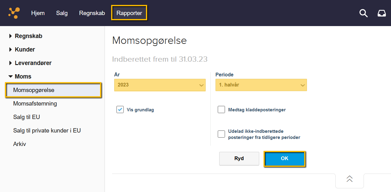Viser indstillingssiden for momsopgørelsen i Rapporter – bruges til at trække en momsopgørelse for en valgt periode.