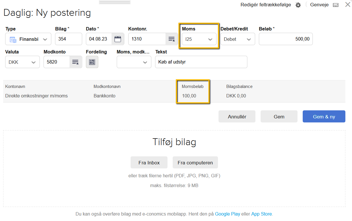 Viser valg af momskode i kassekladden – bruges til at sikre korrekt momsbehandling af en postering.