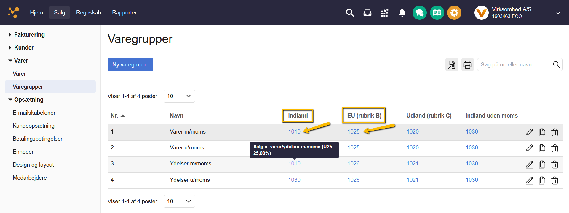 Viser opsætningen af konti for forskellige momszoner i varegruppelisten – bruges til at automatisere den korrekte momshåndtering ved salg.