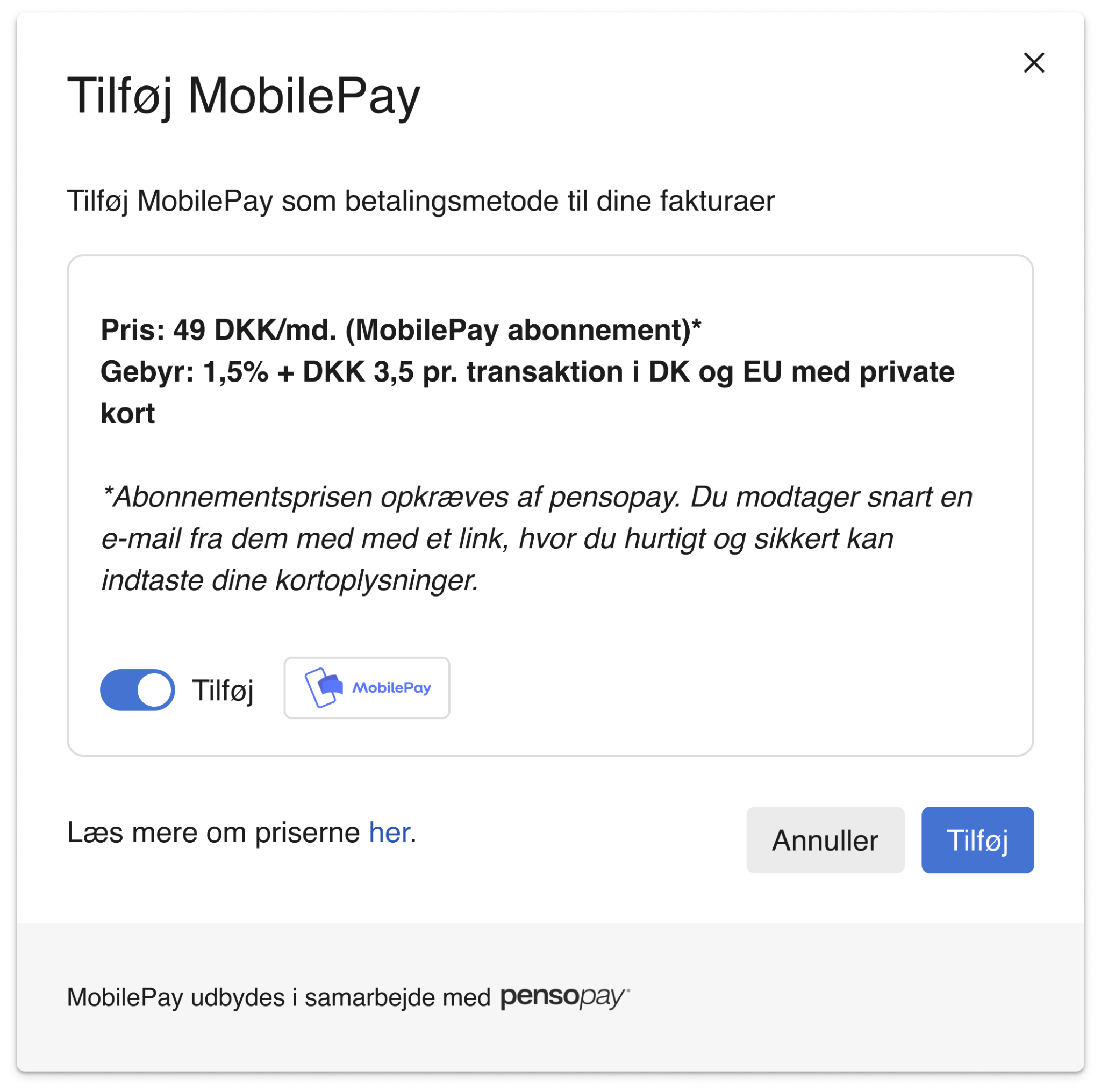 Viser pop-op-vinduet 'Tilføj MobilePay' i Betalingslink indstillinger – bruges til at tilføje MobilePay som betalingsmetode.