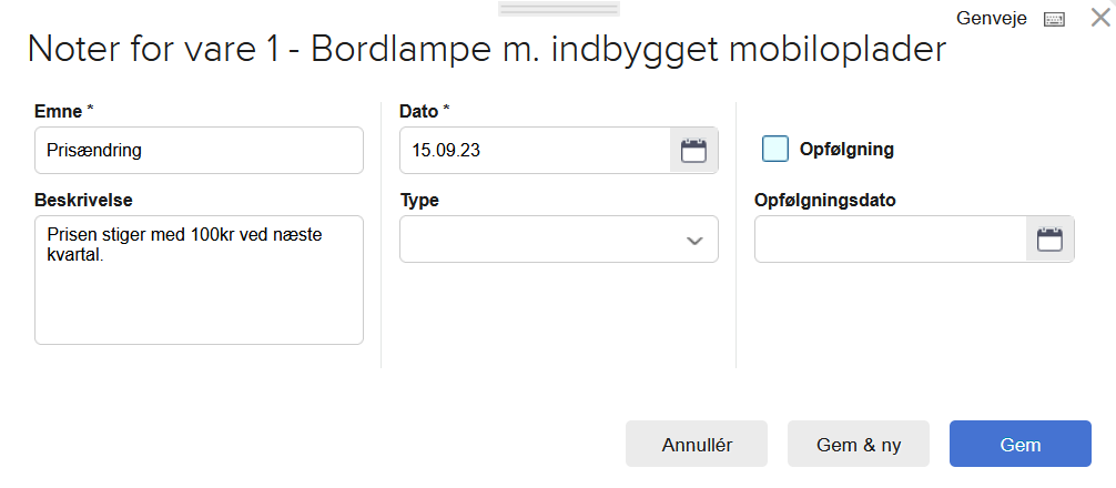 Viser dialogboksen for en ny note i varekartoteket – bruges til at gemme information om en specifik vare.