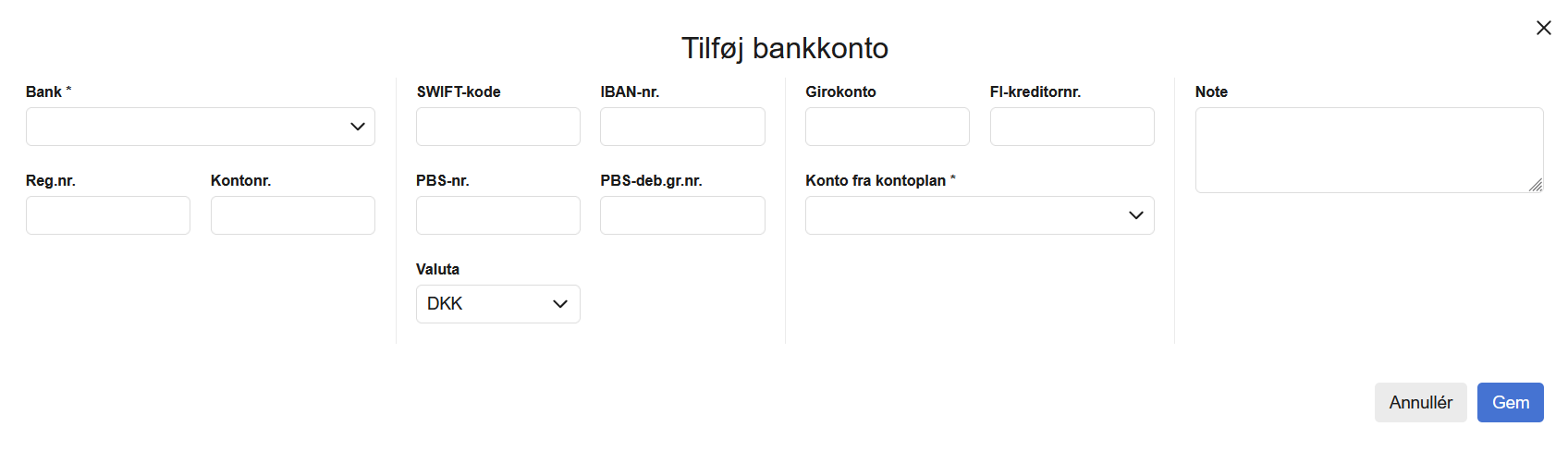 Viser vinduet 'Tilføj bankkonto' i Bank – bruges til at tilføje en ny bankkonto til regnskabet.