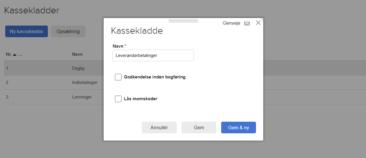 Viser dialogboksen 'Kassekladde' i kassekladder – bruges til at oprette en ny kassekladde.