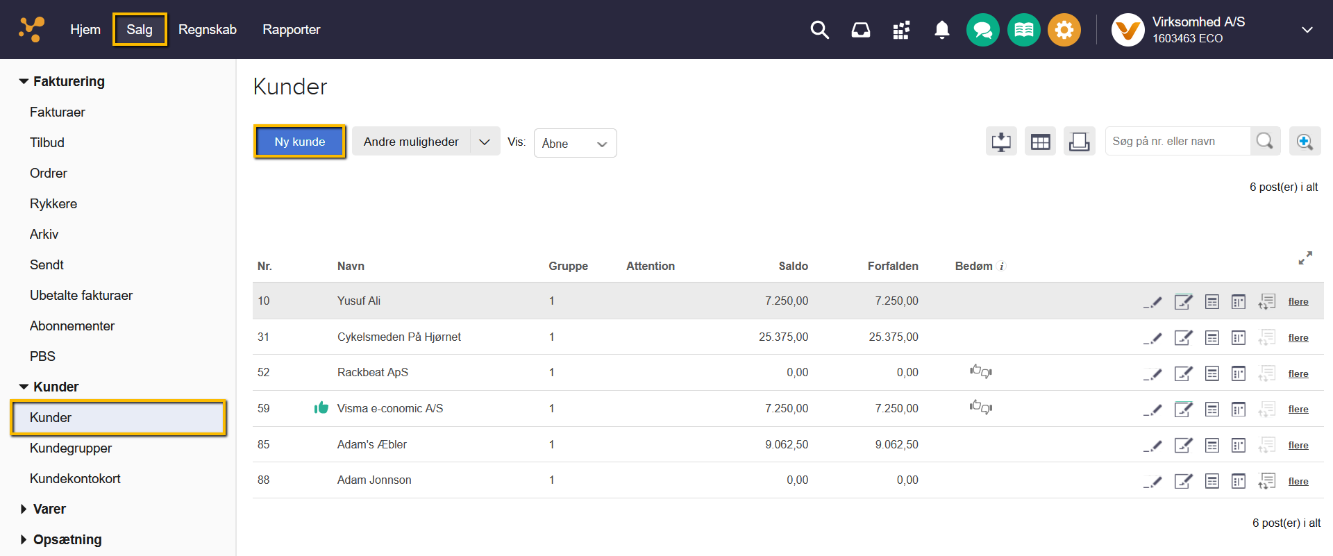 Viser knappen 'Ny kunde' i kundelisten under Salg – bruges til at starte oprettelsen af en ny kunde.