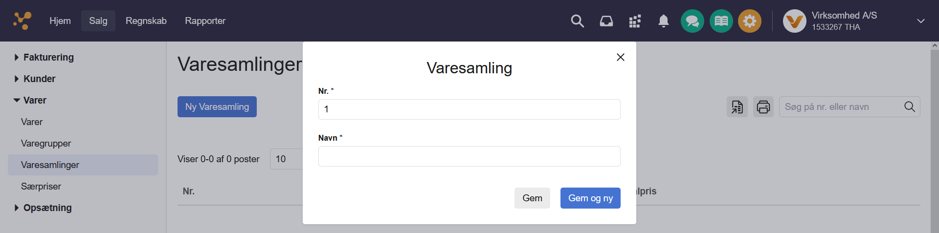 Viser oprettelsesvinduet for en varesamling i Varesamlinger – bruges til at indtaste et nummer og et navn.