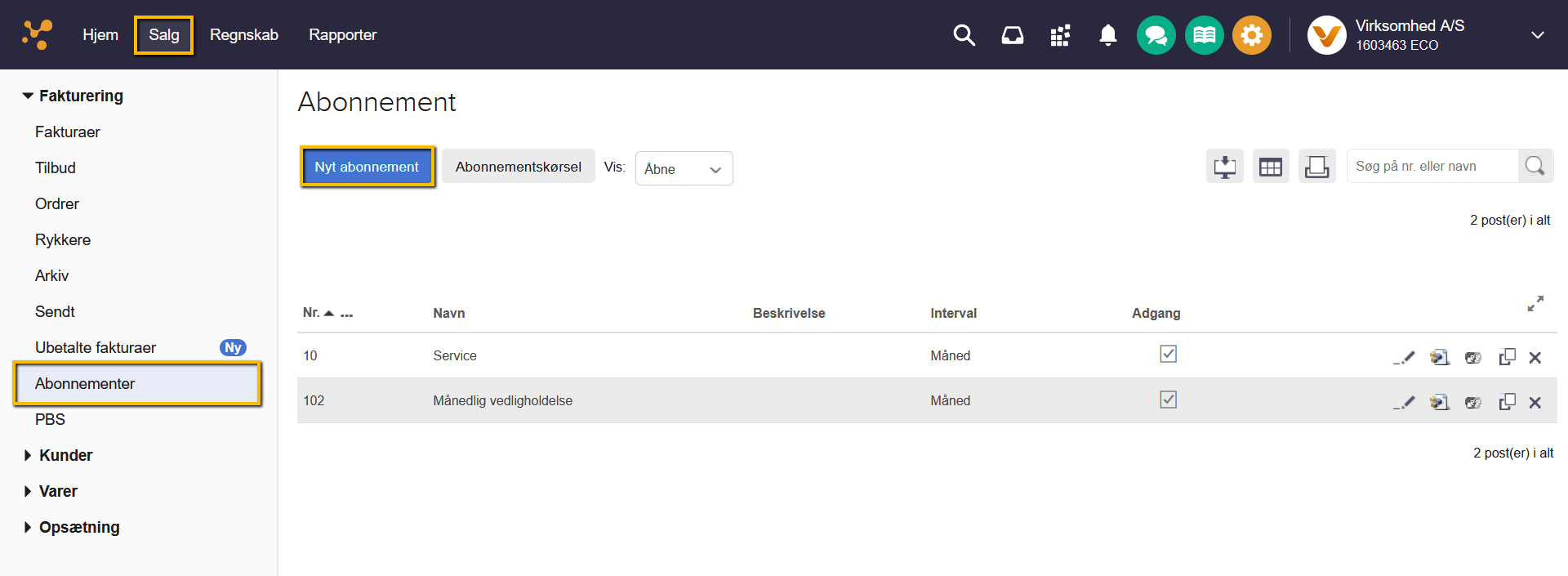 Viser knappen 'Nyt abonnement' i abonnements-oversigten – bruges til at oprette et nyt abonnement.