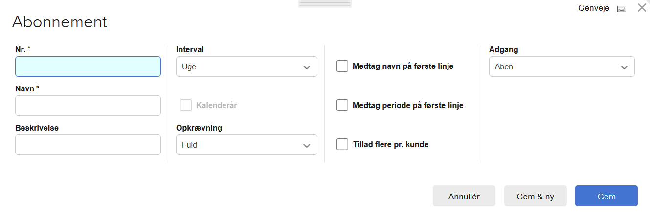Viser oprettelsesvinduet for et abonnement i Abonnementer – bruges til at oprette et nyt abonnement ved at udfylde de påkrævede felter.