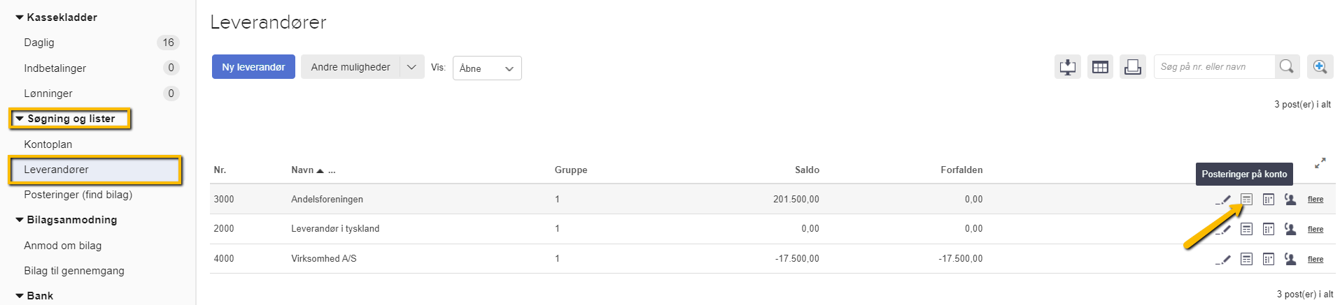 Viser ikonet 'Posteringer på konto' i leverandørlisten – bruges til at åbne en leverandørs kontokort.