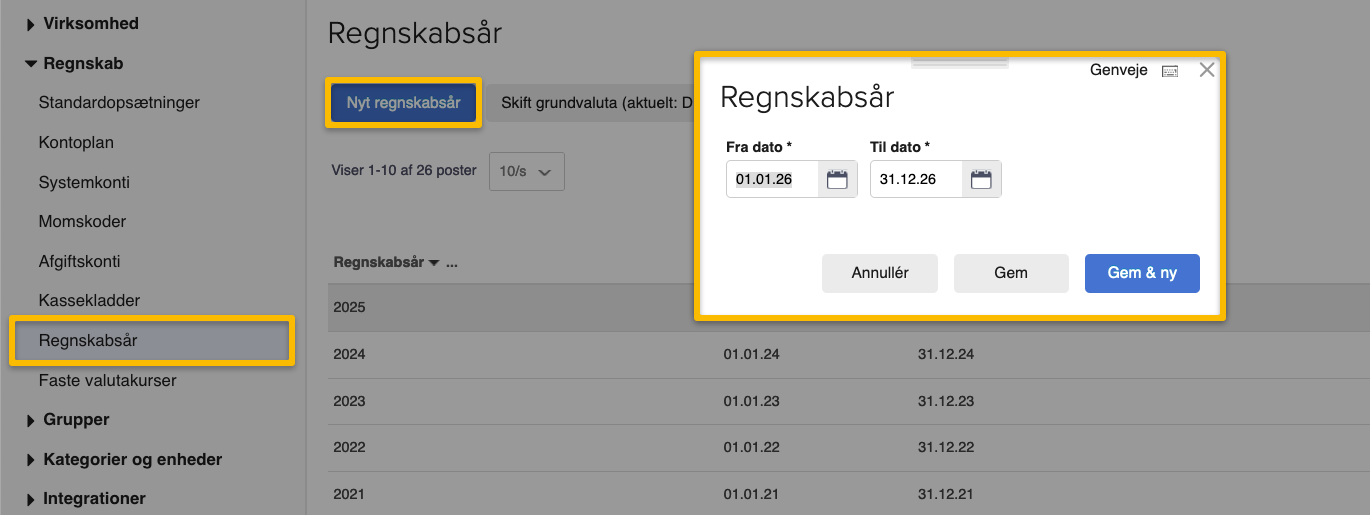 Viser oprettelse af et nyt regnskabsår i indstillingerne for regnskabsår – bruges til at indtaste start- og slutdato for den nye periode.