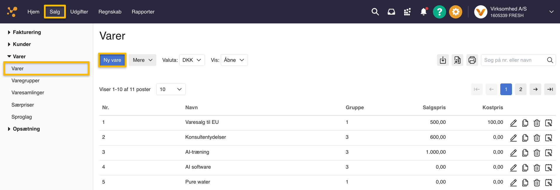 Viser knappen 'Ny vare' i vareoversigten under fanen Salg – bruges til at oprette en ny vare.