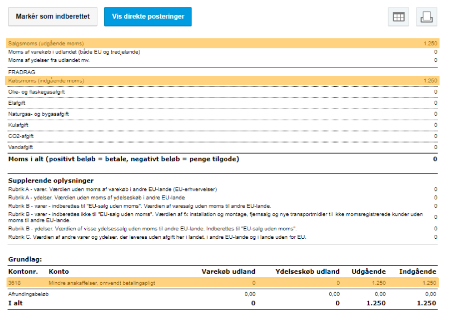 Viser momsopgørelsen i e-conomic – bruges til at vise, hvordan et køb med omvendt betalingspligt fremgår af både udgående og indgående moms.