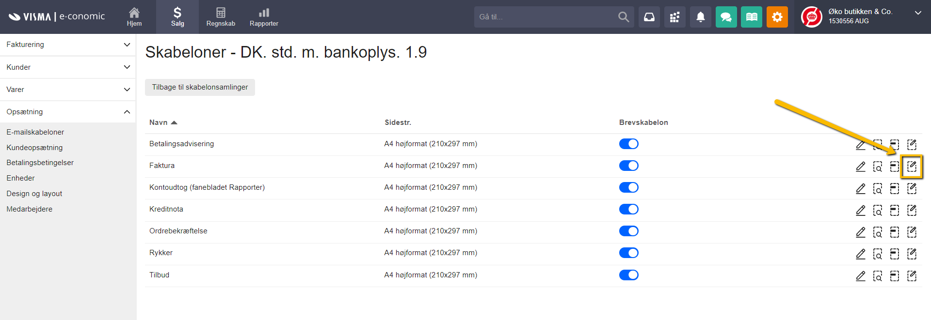 Viser 'Layout'-ikonet på fakturalinjen i skabelonoversigten – bruges til at redigere fakturaens layout.