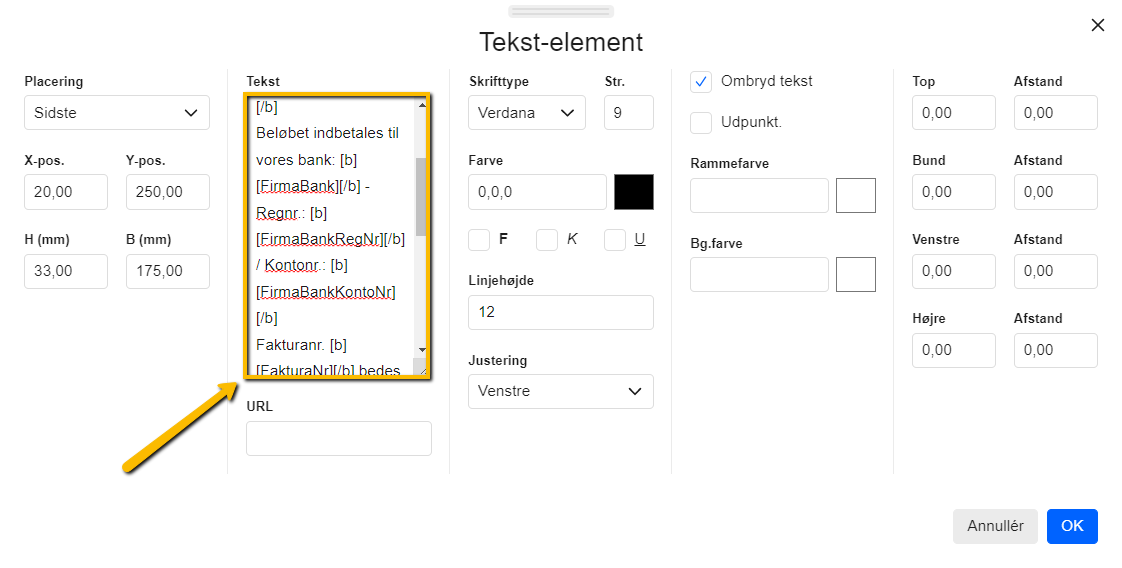 Viser tekstfeltet i tekstelement-editoren – bruges til at indsætte det dynamiske felt for OCR-linjen.
