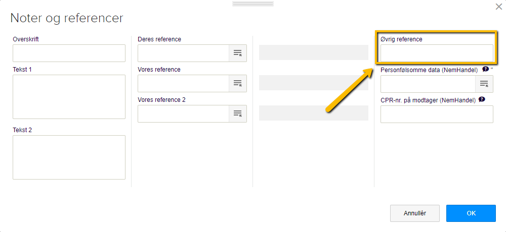Viser feltet 'Øvrig reference' i vinduet 'Noter og referencer' – bruges til at tilføje yderligere referenceoplysninger på en faktura.