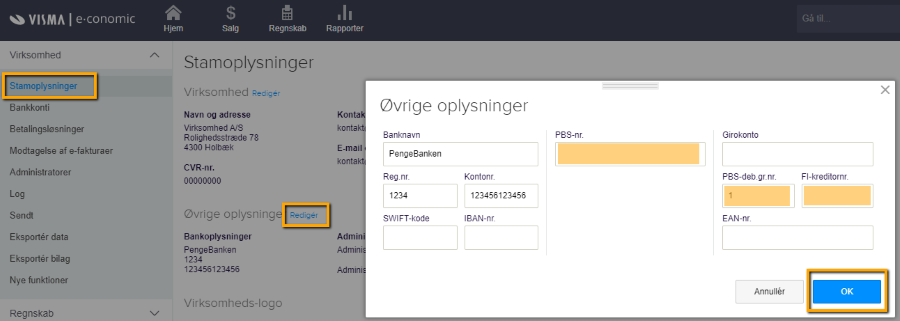 Viser redigering af øvrige oplysninger i Stamoplysninger – bruges til at indtaste virksomhedens bankoplysninger til Betalingsservice.