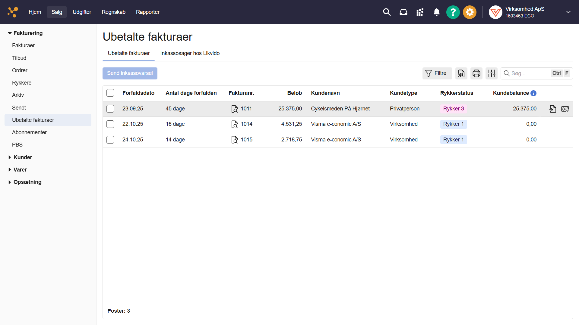 Viser overblik over Ubetalte fakturaer – bruges til at se forfaldsdato, rykkerstatus og kundebalance.