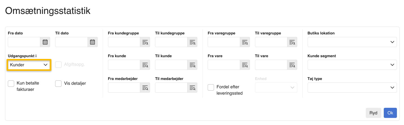 Viser indstillingsmulighederne i rapporten Omsætningsstatistik – bruges til at generere en oversigt over omsætning per kunde.