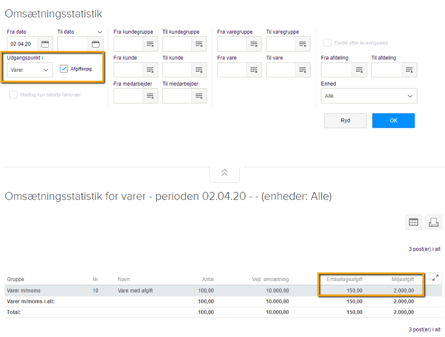 Viser kolonnerne for emballage- og miljøafgift i rapporten Omsætningsstatistik – bruges til at se en opgørelse over emballage- og miljøafgift.