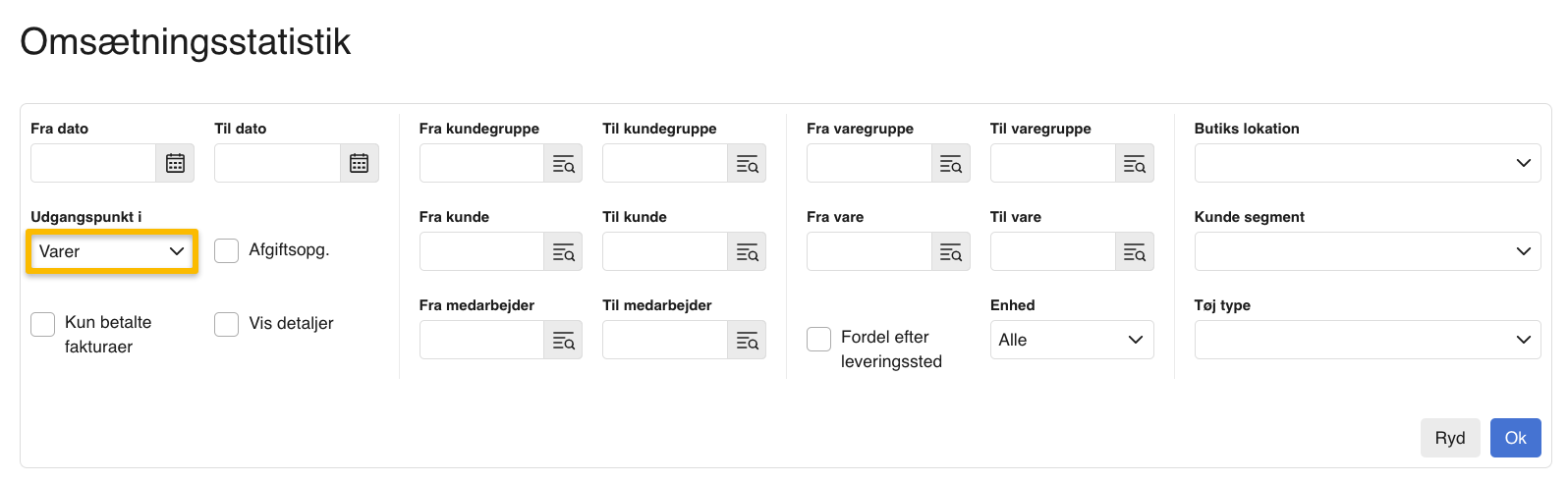 Viser drop-down-menuen 'Udgangspunkt i' i Omsætningsstatistik – bruges til at se omsætning fordelt på varer.