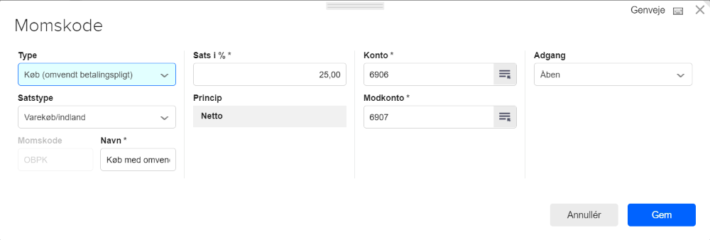 Viser oprettelse af en ny momskode i modulet Momskoder – bruges til at definere indstillingerne for køb med omvendt betalingspligt.