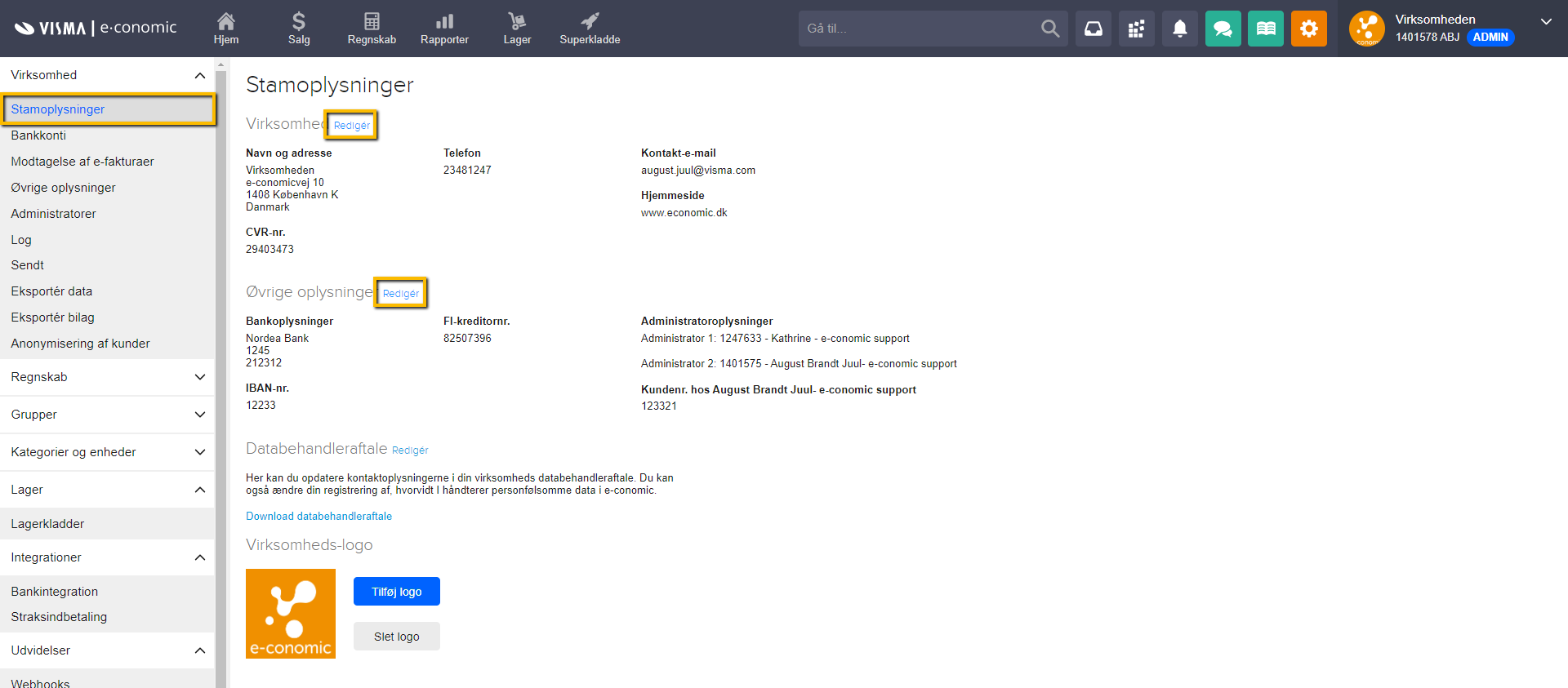 Viser Stamoplysninger i virksomhedsindstillingerne – bruges til at redigere den information, der efterfølgende kan indsættes i et layout.