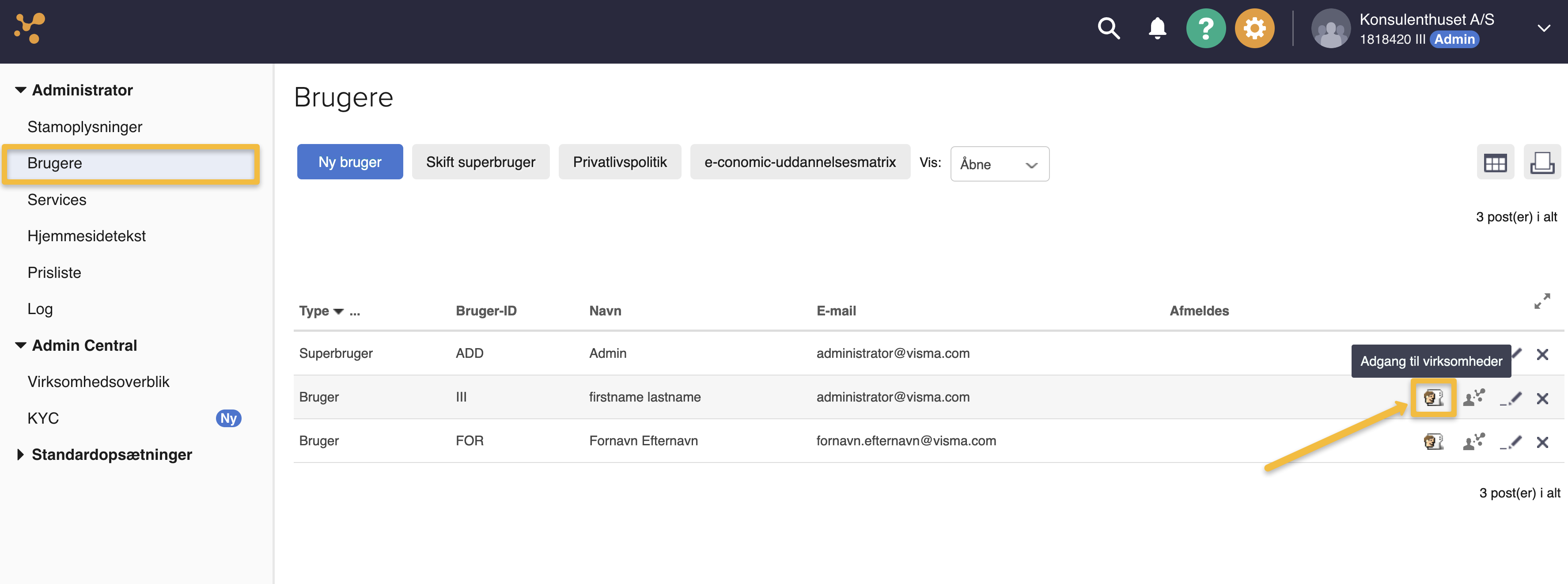 Viser ikonet "Adgang til virksomheder" i brugeroversigten – bruges til at tilføje virksomheder til en bruger.