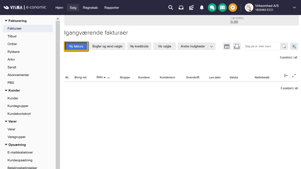 Viser knappen 'Ny faktura' i fakturaoversigten under fanen Salg – bruges til at oprette en ny faktura.