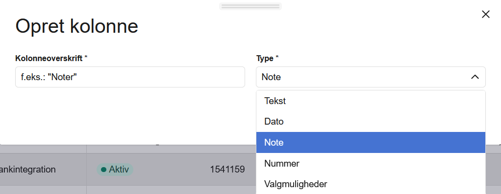 Viser valg af kolonnetype i 'Opret kolonne'-vinduet – bruges til at definere, hvilken slags information den nye kolonne skal indeholde.
