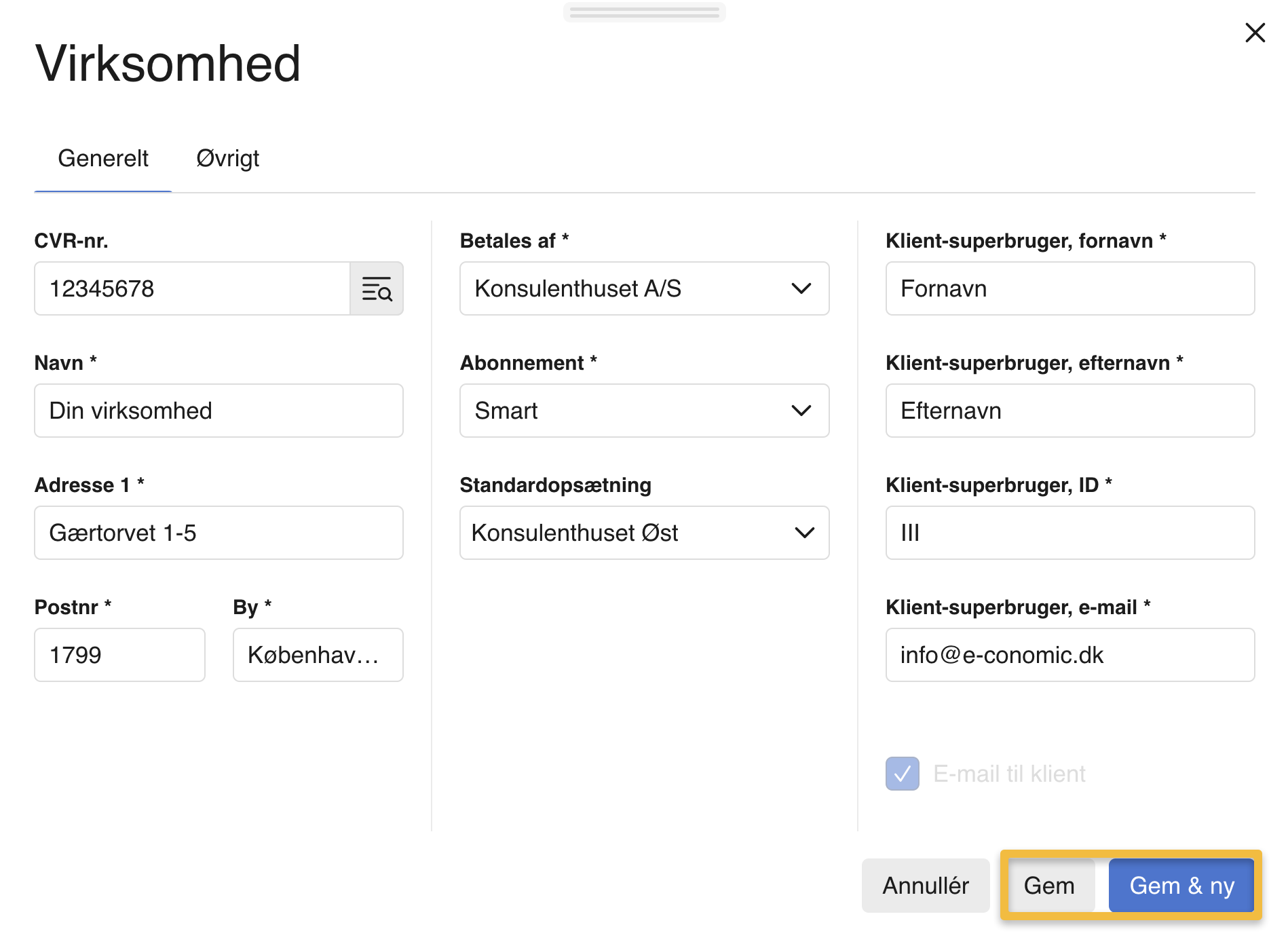 Viser dialogboksen til oprettelse af en ny virksomhed i Admin Central – bruges til at indtaste oplysninger og oprette en ny virksomhedsaftale.