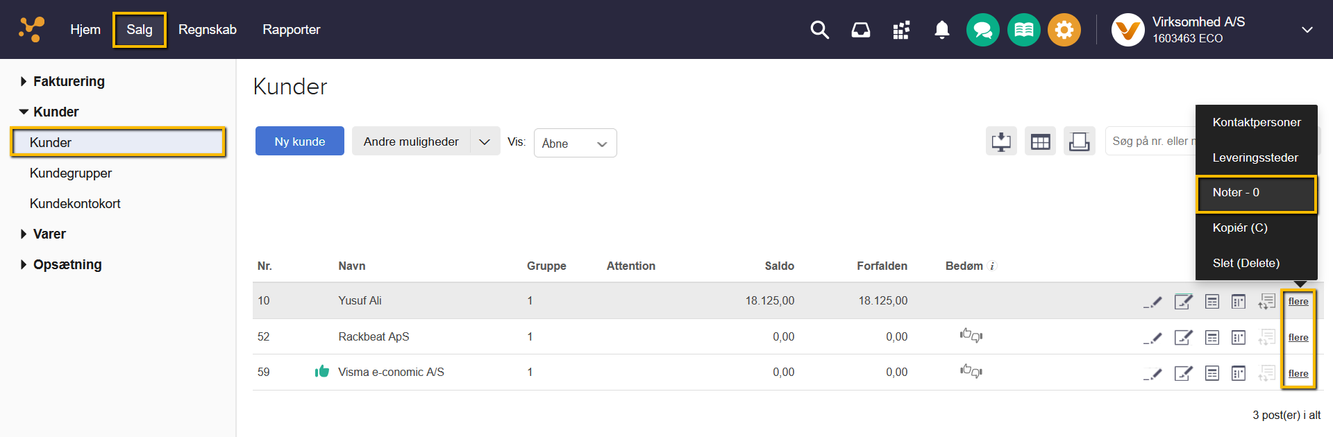 Viser menuen 'flere' med valgmuligheden 'Noter' i kundelisten – bruges til at oprette en ny note på en kunde.