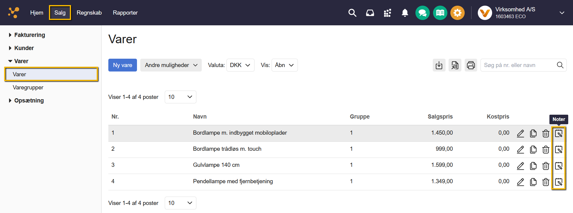 Viser Noter-ikonet i vareoversigten – bruges til at oprette en ny note på en vare.