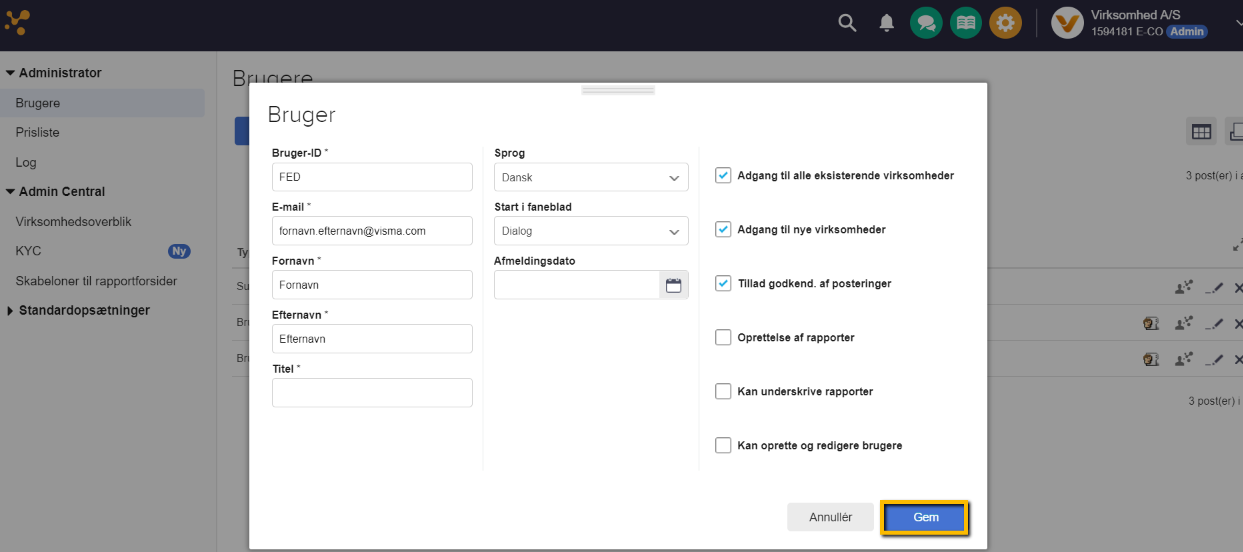 Viser oprettelse af en ny bruger i brugeradministrationen – bruges til at udfylde felter med brugeroplysninger og tildele adgange.