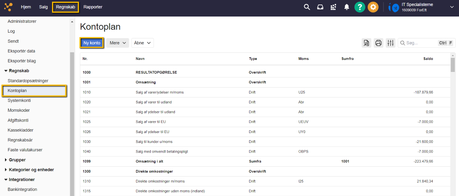 Viser "Ny konto"-knappen i Kontoplanen – bruges til at oprette en ny konto.