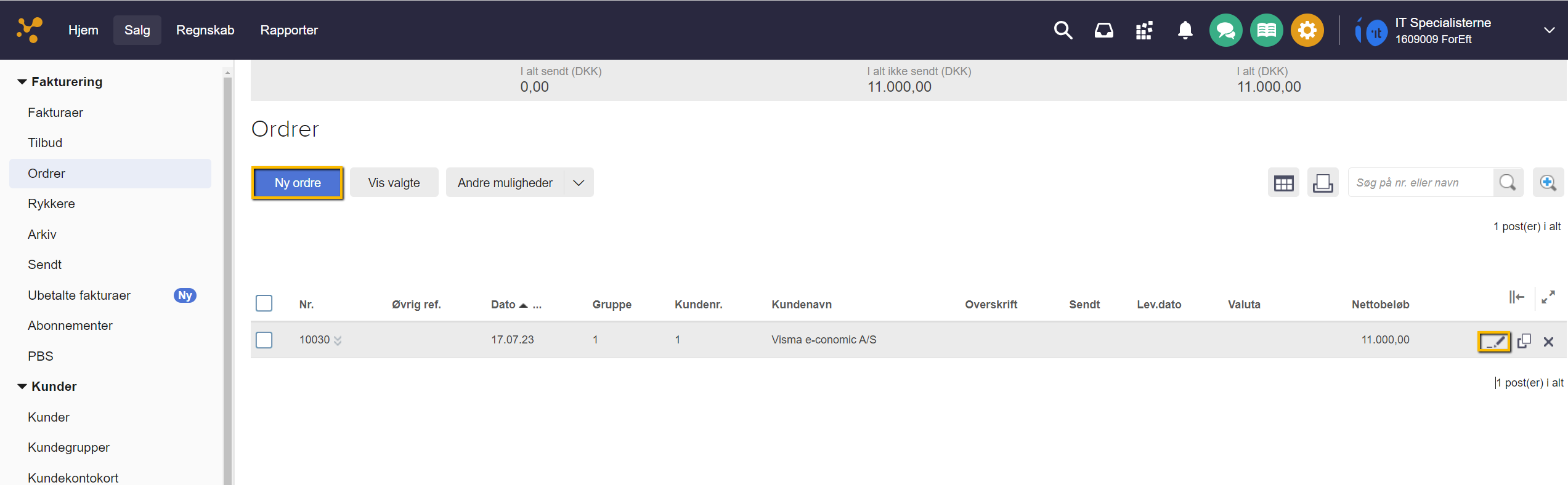 Viser knappen 'Ny ordre' i ordreoversigten under Salg – bruges til at oprette en ny ordre