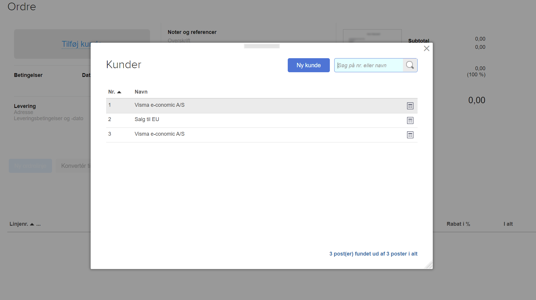 Viser kundevælgeren i ordreoprettelse – bruges til at vælge en eksisterende kunde eller oprette en ny til ordren.
