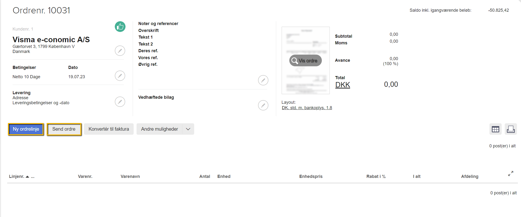 Viser knappen 'Ny ordrelinje' i en ordre – bruges til at tilføje en varelinje til ordren.