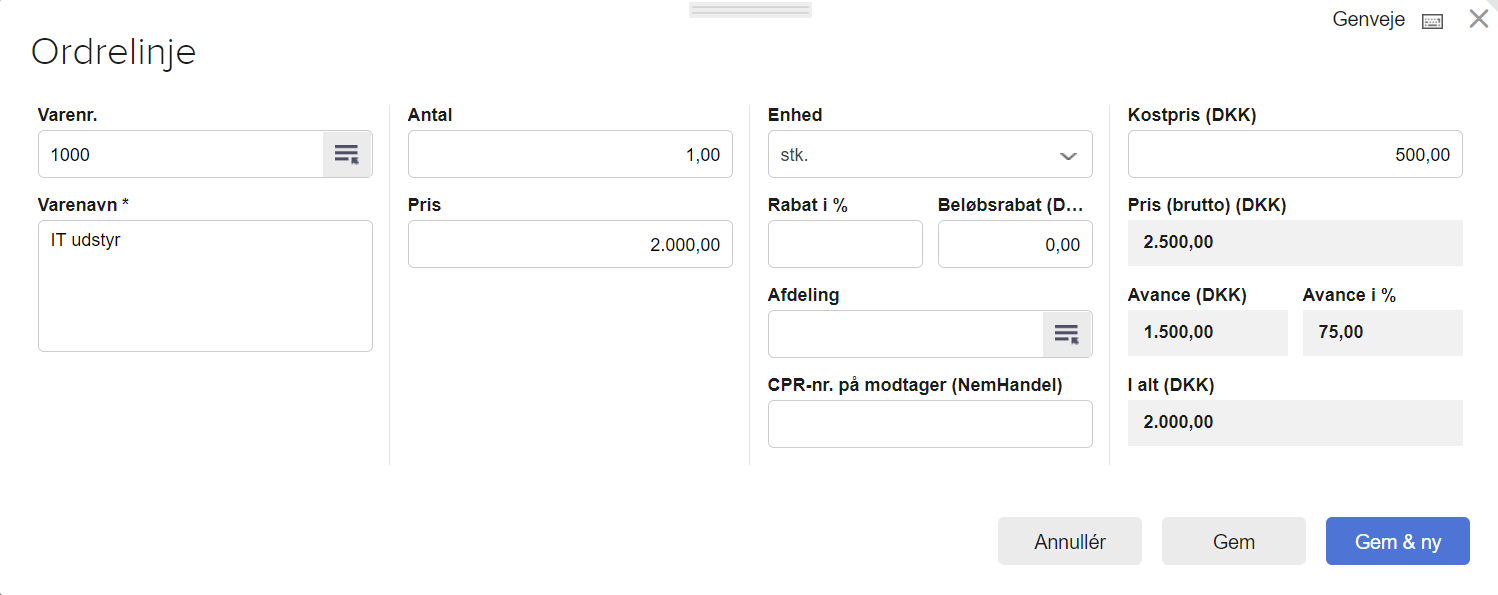 Viser dialogboksen Ordrelinje i ordremodulet – bruges til at oprette en ny varelinje på en ordre.