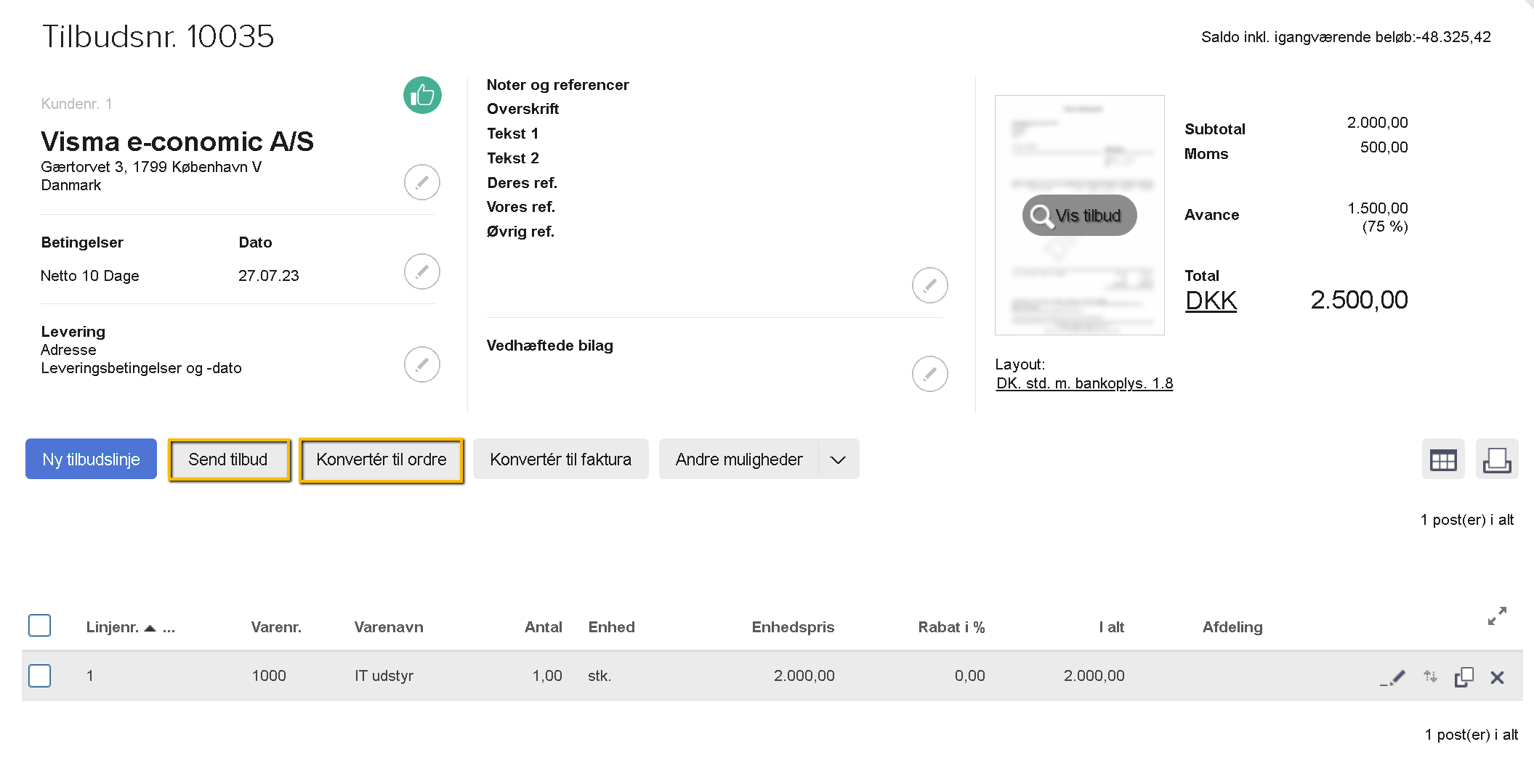 Viser et færdigt tilbud i Salg-modulet – bruges til at gennemgå og sende tilbuddet til kunden.