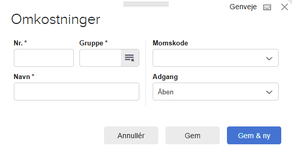 Viser formular til oprettelse af omkostning i projektmodul – bruges til at angive navn, gruppe, momskode og adgangsniveau