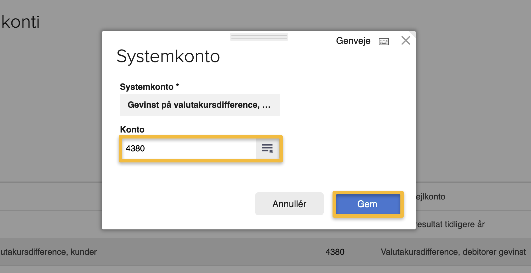 Viser redigeringsvinduet for en systemkonto i Systemkonti – bruges til at angive et kontonummer for en valutakursdifferencekonto.