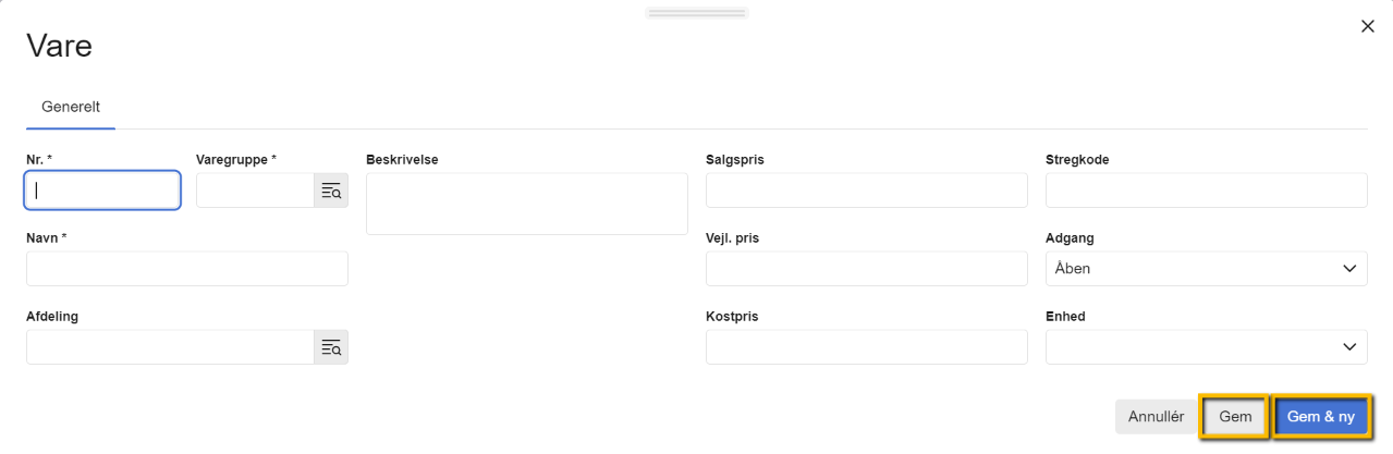 Viser oprettelsesvinduet til en ny vare i varekartoteket – bruges til at udfylde oplysninger og gemme en ny vare eller ydelse.