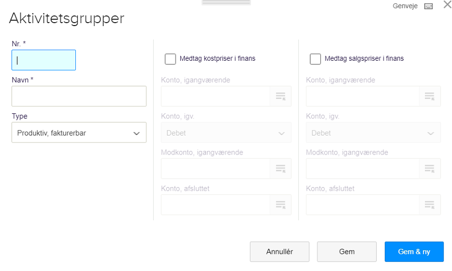 Viser oprettelsesformularen til en ny aktivitetsgruppe i Projektmodulet – bruges til at oprette en ny aktivitetsgruppe og angive dens bogføringsoplysninger.