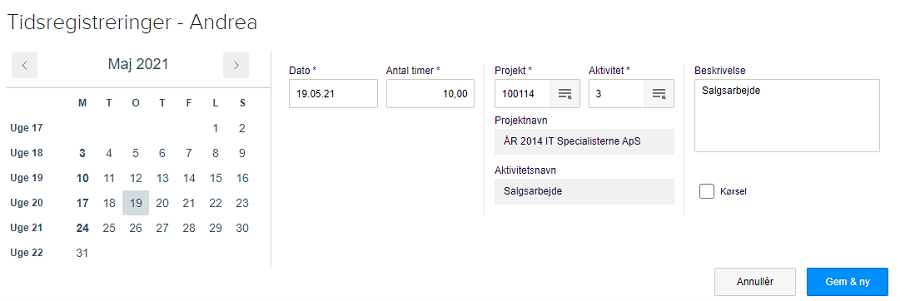 Viser oprettelse af en ny tidsregistrering i Projektmodulet – bruges til at registrere timer brugt på et projekt.