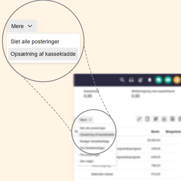 Viser menupunktet "Opsætning af kassekladde" i kassekladden – bruges til at åbne indstillingerne for at ændre bilagsnummerserien.