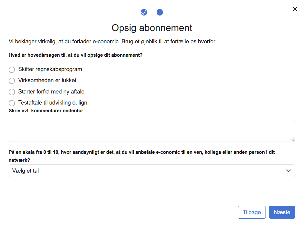 Viser formularen til angivelse af årsag og vurdering i Opsigelses-guiden – bruges til at bekræfte opsigelsen af abonnementet.