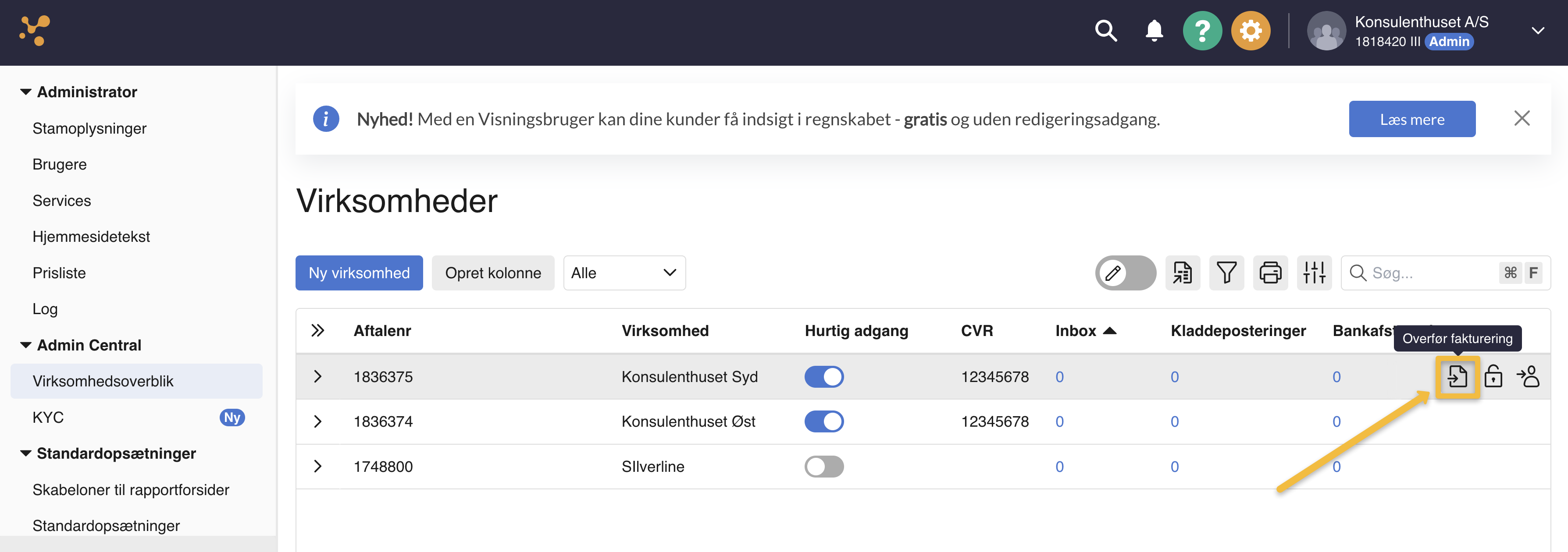 Viser 'Overfør fakturering'-ikonet i Virksomhedsoverblik – bruges til at overdrage betalingen for en kundes aftale til kunden.