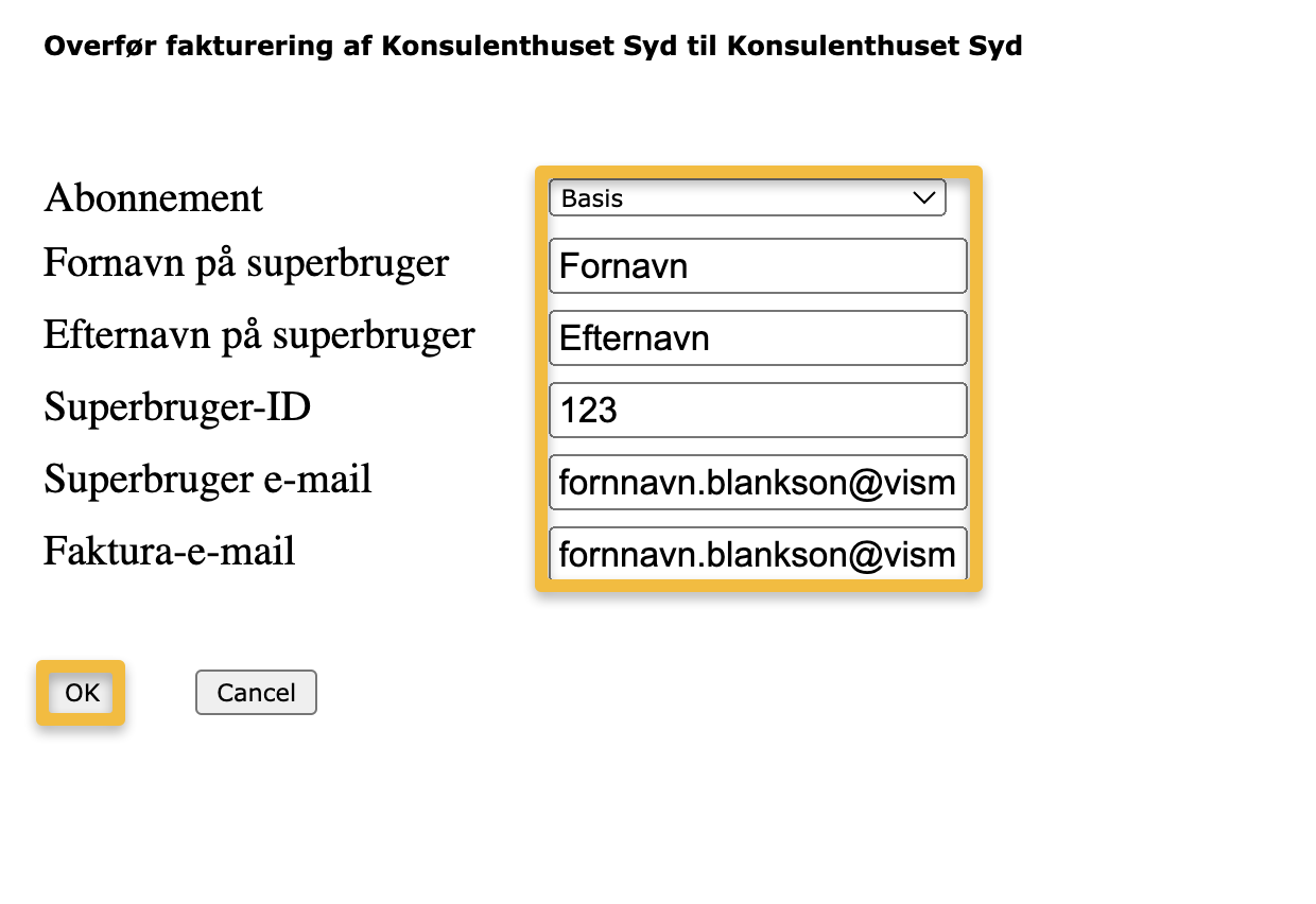 Viser formularen 'Overfør fakturering' i Virksomhedsoverblikket – bruges til at overdrage betaling og ejerrettigheder for en aftale til en kunde.