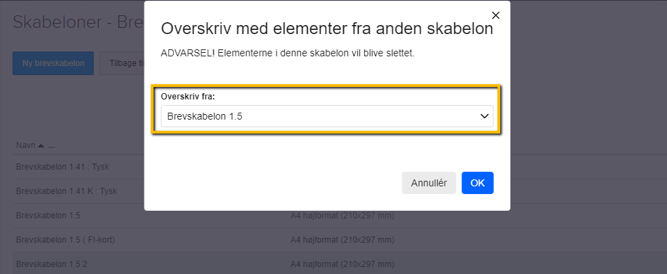 Viser dropdown-menuen 'Overskriv fra' i Brevskabeloner – bruges til at vælge den brevskabelon, der skal kopieres elementer fra